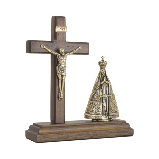 20413OV Oratório Crucifixo com Imagem de N Sra Aparecida Ouro Velho 15cm