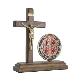 20414OV Oratório Crucifixo com Medalha de São Bento Ouro Velho 15cm